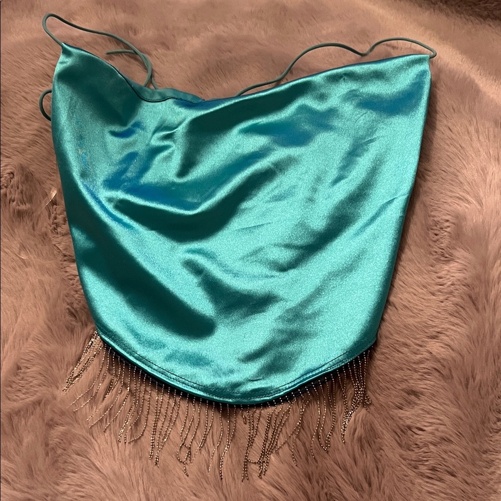 Windsor Teal Satin Camisole with Fringe